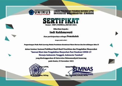 Sertifikat Pemakalah Seminar Nasional UNIMUS 2021 Indi R Pdf